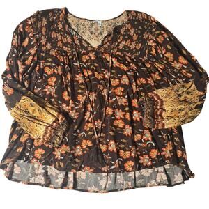 Boho Peasant Brown Blouse Long Sleeve Womens Size XL